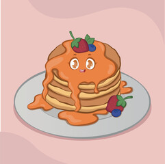Vector illustration of pancake with strawberry blueberry and syrup in cartoon style