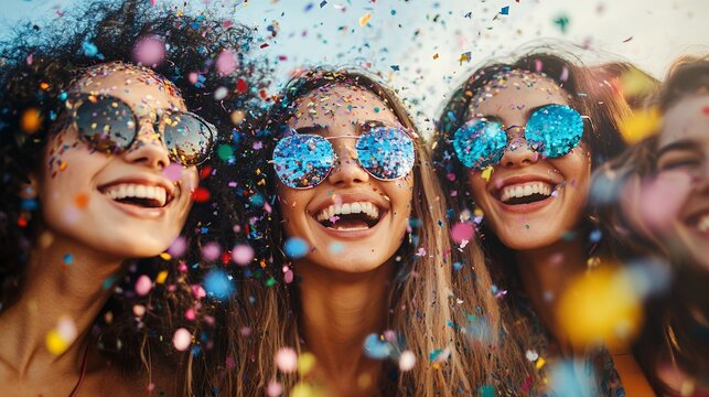 Four young adult women celebrate National Fun Day, showered in confetti, wearing sunglasses and smiling. Joyful friendship and celebration captured in a vibrant moment