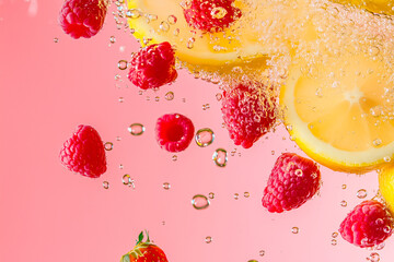 red fruits lemon and ginger falling in gas water 