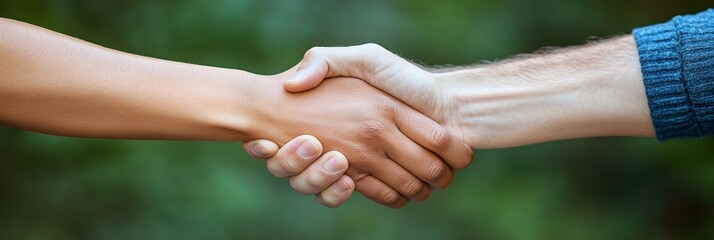 Two adults, one with light skin and one with dark skin, shake hands. This signifies unity, partnership, and loyalty, perfect for National Loyalty Day. A gesture of trust and cooperation