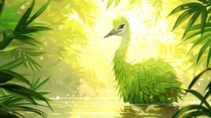 A vibrant green bird resembling a crane stands in a serene, illuminated water setting.