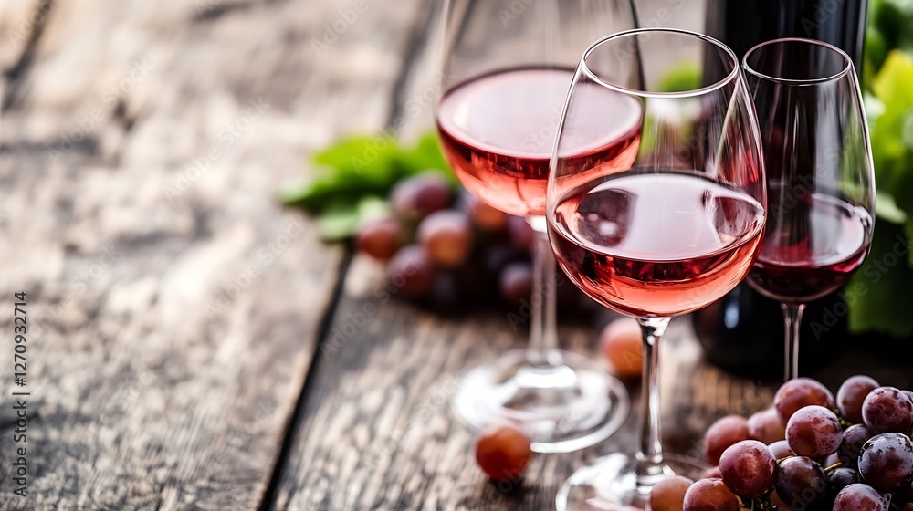 Aufkleber elegant glasses of rose wine with fresh grapes set against rustic wooden background : generative ai
