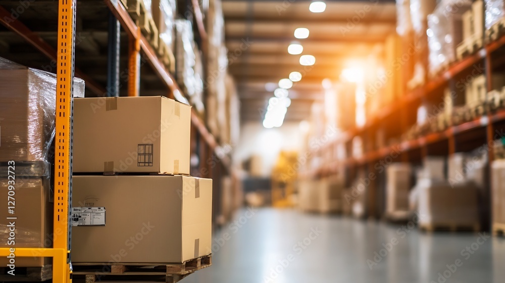 Poster a warehouse interior lined with cardboard boxes on pallets illuminated by warm light from above : ge