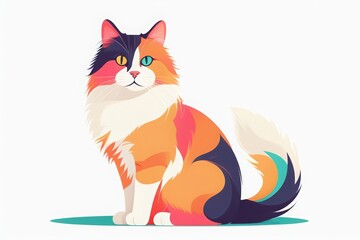 Obraz premium A flat-style illustration of a multicolored cat on a white background. The vibrant and modern design creates a playful and artistic look, making it perfect for creative projects, prints