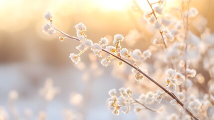 Soft golden light shining through delicate white blossoms creating a serene spring atmosphere : Generative AI