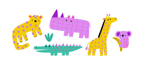 Cute African Safari animals flat style. Childish rhinoceros, giraffe, leopard, crocodile. Kids vector illustrations isolated on white background