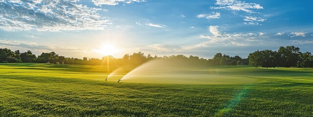 Fototapeta premium Golf course in maintenance. Watering golf course with sprinklers. Golf course at sunset.
