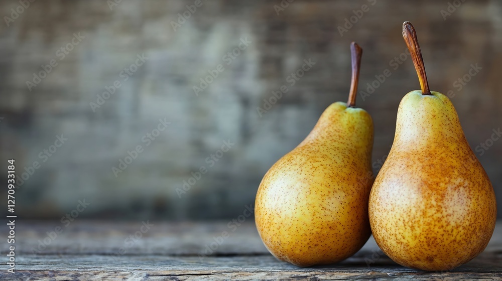 Aufkleber two ripe golden pears standing together on a rustic wooden surface ready for picking and enjoying : 