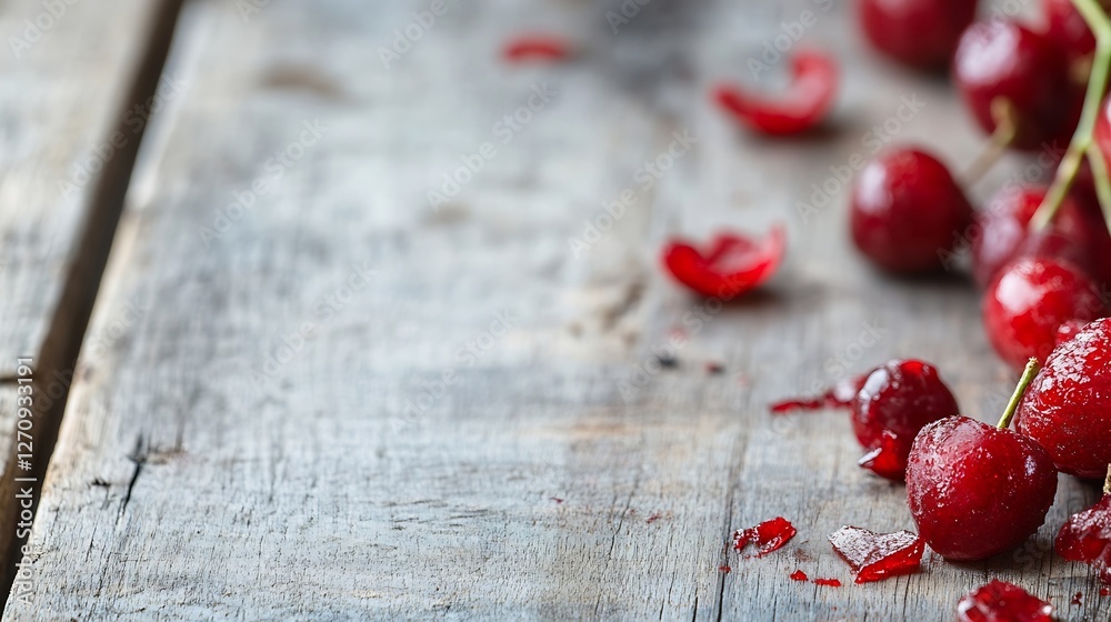 Poster Freshly picked red cherries scattered on rustic wooden table creating a natural and vibrant setting : Generative AI