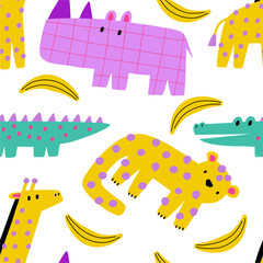 Cute African Safari animals flat style. Childish rhinoceros, giraffe, leopard, crocodile. Kids vector seamless pattern