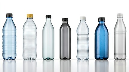 Various types of plastic water bottles displayed in a row showcasing different colors and designs at a studio setting