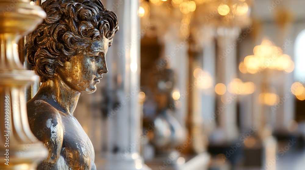 Poster closeup view of a stunning golden statue depicting a classical figure set against a backdrop of orna