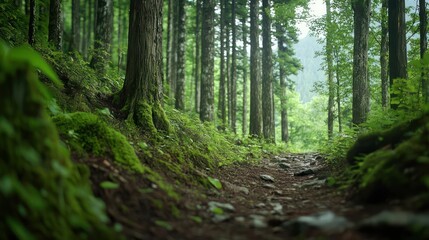 Sunlit Forest Path with Lush Green Moss and Rocks