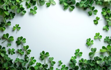 Minimalist background mockup with space for text green hues clover leaves Saint Patricks Day