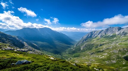 Obraz premium Zapierający dech w piersiach widok panoramiczny na majestatyczne góry i bujne zielone doliny: Generative AI