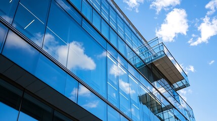 Obraz premium Modern Architectural Building with Glass Facade Reflecting the Sky and Clouds : Generative AI