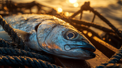 夕日に照らされた新鮮な魚