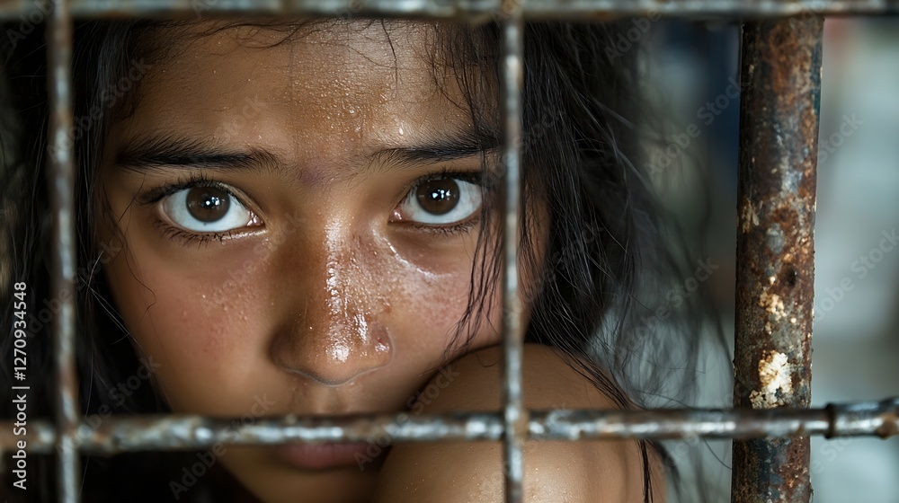 Aufkleber Child gazing through rusty bars with wet face reflecting sadness and concern in a poignant moment : Generative AI