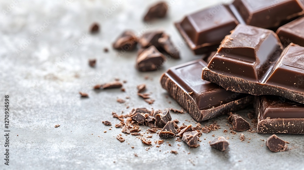Aufkleber delicious dark chocolate pieces scattered on a textured surface showcasing rich cocoa color and text