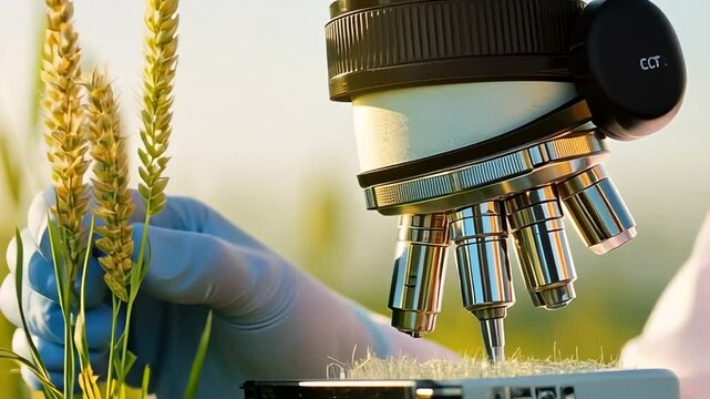 Microscope examining wheat in field for research