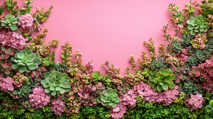 Obraz premium vibrant arrangement of succulents and pink flowers on pink background