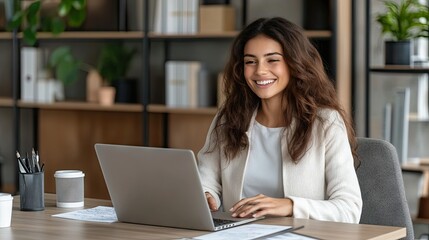 A young woman diligently focuses on her laptop while seated in a contemporary office that features lush plants and filled bookshelves in broad daylight