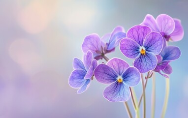 Obraz premium A bouquet of delicate violets on a light periwinkle background