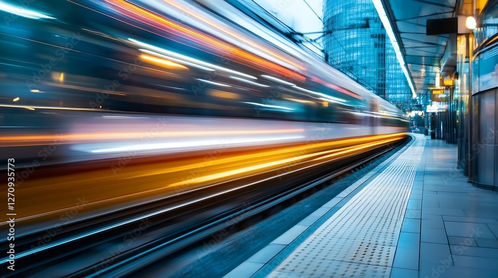 Poster dynamic motion blur of a train departing a city station with vibrant lights : generative ai