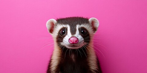 Fototapeta premium Adorable ferret portrait against a vibrant pink background. Perfect for National Ferret Day celebrations or pet-themed projects