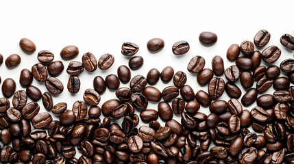 Naklejka premium Close-up view of scattered coffee beans on a white background, highlighting their texture and color