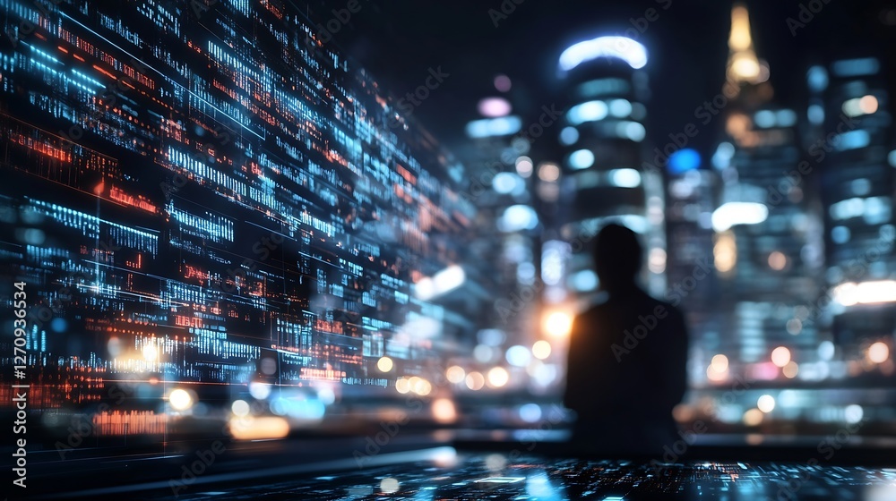 Poster silhouetted figure overlooking a futuristic city filled with bright lights and digital data streams 