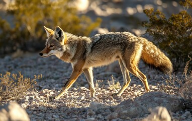 Naklejka premium A cautious coyote walking across desert terrain