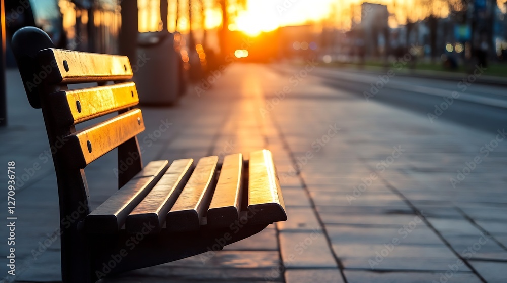 Poster Stunning sunset casting golden light on an empty park bench creating a serene evening atmosphere : Generative AI