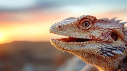 Majestic Lizard with Vibrant Colors Captured Against a Stunning Sunset Background : Generative AI
