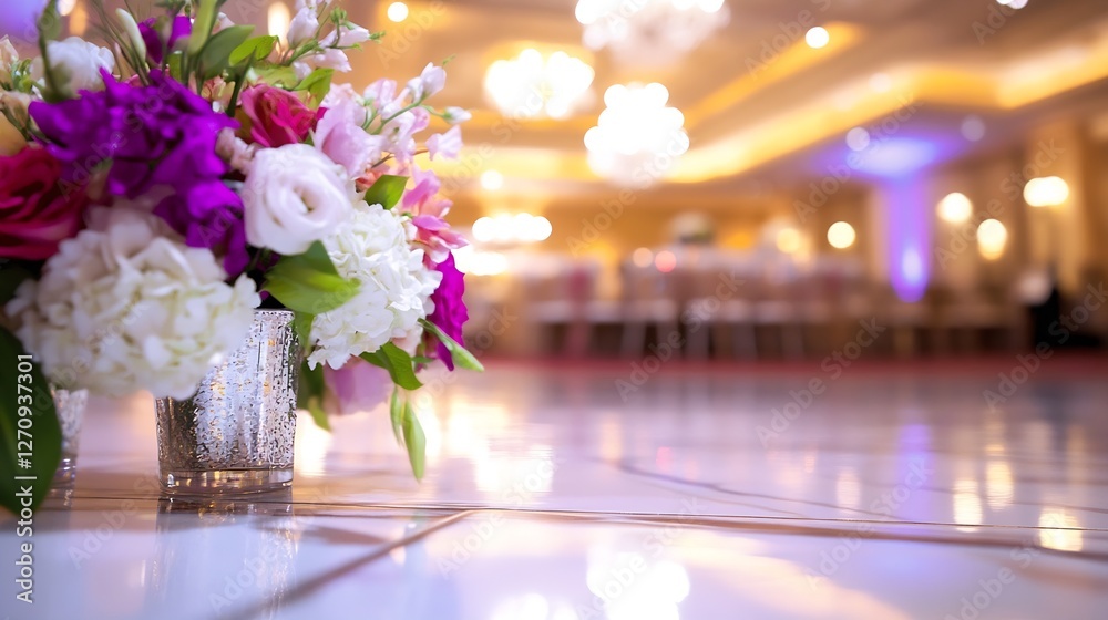 Poster vibrant flower bouquet in a decorative vase with soft focus background showcasing festive event deco