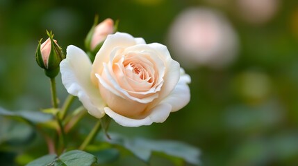 Stunning Peach Rose Bloom Surrounded by Green Leaves in Soft Natural Garden Setting : Generative AI