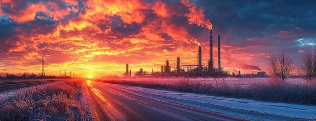 An aerial drone capture of an oil refinery or petrol industrial zone in Yaroslavl, Russia, as the sun sets. Wide banner format