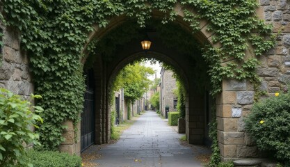 Obraz premium Archway Path Through Stone Courtyard With Lush Greenery And Vintage Lantern