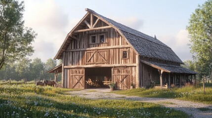 Obraz premium A rustic barn with traditional wooden beams, wide-open doors, and a sloping roof.