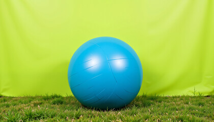 Blue exercise ball on grass against bright green background, simplicity