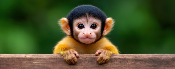 Fototapeta premium Curious Baby Monkey Peering Over a Wooden Barrier Surrounded by Lush Green Forest Background