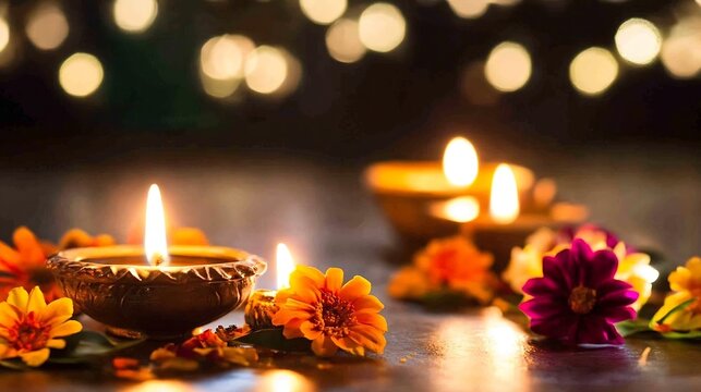 Beautifully lit candles amidst vibrant flowers creating a serene festive atmosphere : Generative AI