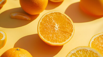 Fototapeta premium Freshly sliced oranges on a vibrant yellow background, showcasing their juicy texture and color