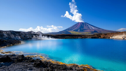 Volcanic Landscape In Indonesia With Turquoise Lake And Smoke
