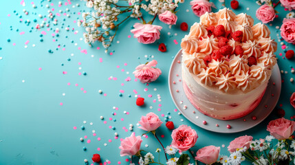 Naklejka premium Beautiful decorated cake and roses on blue backdrop banner background copy space. Birthday congratulation image backdrop empty. Festive frame concept composition top view, copyspace