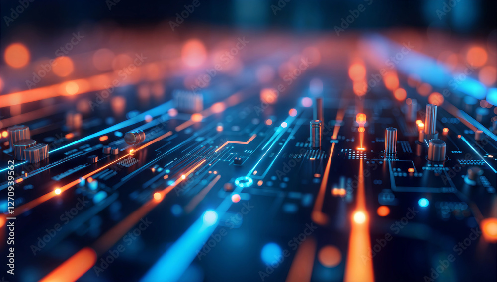Poster an abstract digital circuit board with vibrant lines and patterns evokes a futuristic technological 