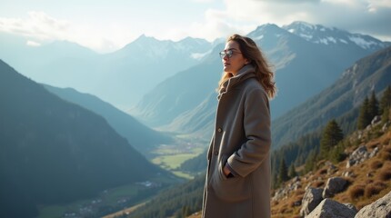 Naklejka premium Woman enjoying scenic mountain view at sunset in autumn