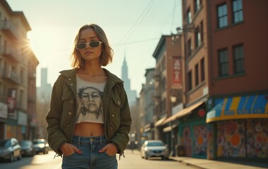 Fototapeta premium Young woman stands confidently on urban street at sunset in vibrant setting
