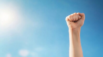 A hand raised in a powerful gesture against a bright blue sky symbolizing strength and determination : Generative AI