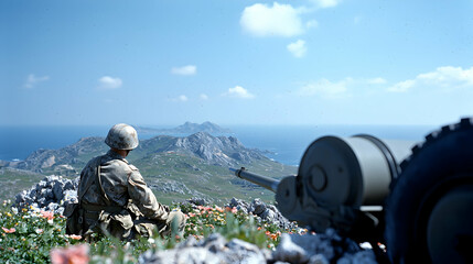 World War Ii Artillery Gun With Soldier On Mountain